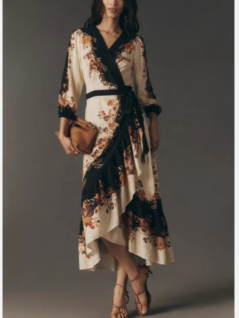 Farm Rio Anthropologie Long-Sleeve Wrap Midi Dress Size XXS NWT Orange Floral - Picture 5 of 6